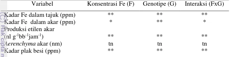 Tabel 11 Pengaruh interaksi antara perbedaan konsentrasi Fe dan genotipe terhadap  komponen analisis jaringan bibit berumur empat minggu 