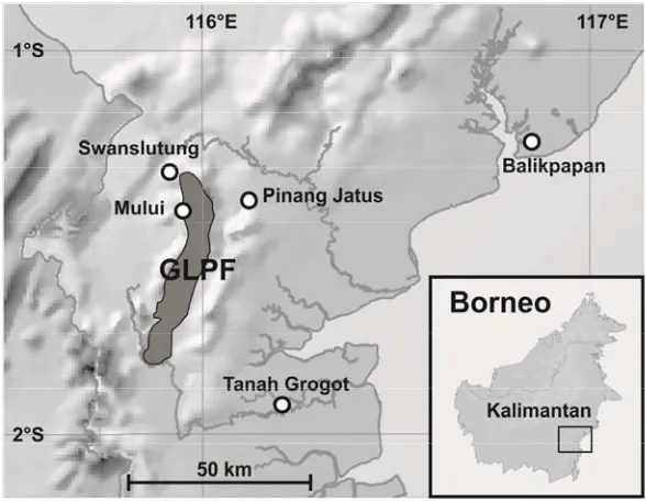 Figure 1. The position of Gunung Lumut Protection Forest (GLPF) and the three study sites