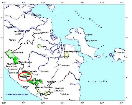 Gambar 1. Lokasi penelitian di G. Dempo, Sumatera Selatan. Tanda lingkaran menunjukkan lokasi Penelitian Flora Gunung Dempo, Sumatera Selatan