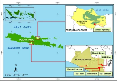 Gambar 1. Lokasi daerah penelitian (Karst Gunung Sewu, DIY dan Karst Rengel, Kab. Tuban, Jawa Timur) 