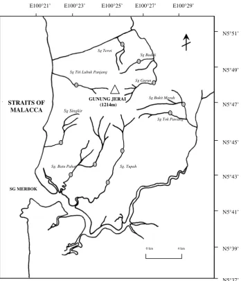 Figure 1: Location of sampling stations used to assess icthyofauna biodiversity and  distribution near the Gunung Jerai Forest Reserve (January–March 2005)