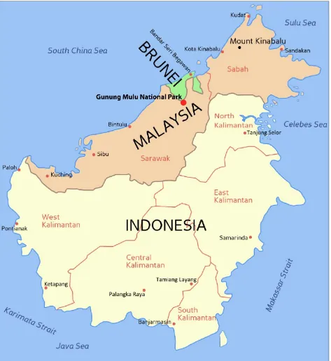 Figure 1. Overview map of Borneo, with GM NP indicated (From Wikimedia commons 2012, modified)