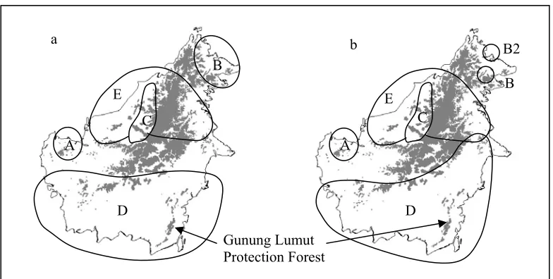 Figure 1. Average tree family (a) and genera (b) diversity patterns across Borneo based on random draws of  640 individuals from 28 locations across Borneo (Slik et al