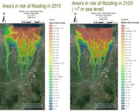 Figure 4 Areas with high risk of flooding, current situation vs situation in 2100 (+7 meters) (Vogel & Zijlstra, 2015) 