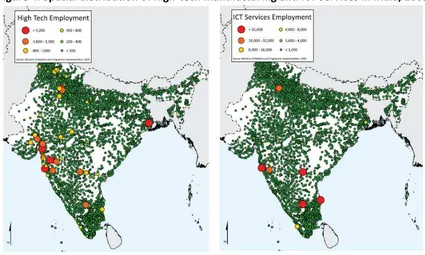 Figure 4. Spatial distribution of high-tech manufacturing and ICT services in India, 2005