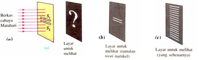 Gambar 12.31 (a) Percobaan celah ganda oleh Young,  (b) Ramalan jika cahaya sebagai partikel (c) Peristiwa interferensi pada layar (bangak garis-garis) 