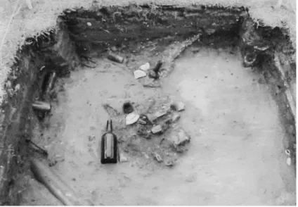 FiGURe 8. Glass bottles, broken plates, and other refuse found in the pit feature in Unit 1, the Harrison avenue backyard between Central avenue and Gladstone alley, view to the north