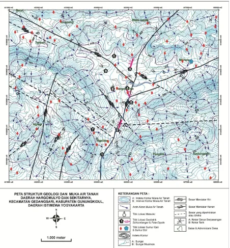 Gambar 1. Peta Struktur Geologi dan Muka Air Tanah, persebaran titik survey geolistrik metode Schlumberger dan Pole-Dipole dan kemenerusan struktur geologi sesar berdasarkan data lapangan (garis tegas) dan sesar diperkirakan (garis putus-putus)  