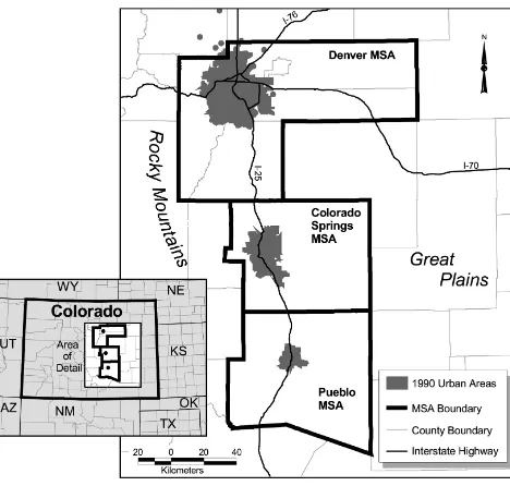 Figure 1Case-study urban areasand MSA boundaries in Colorado.