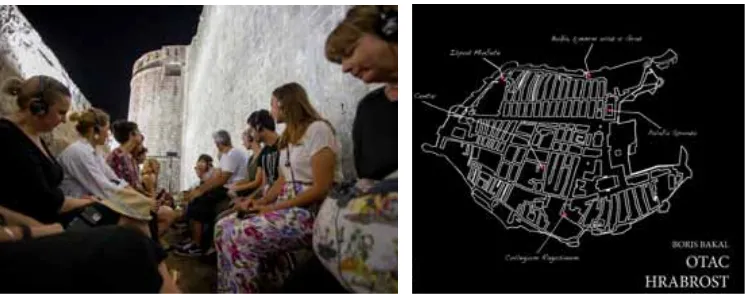 Figure 16 & 17. Left, the Father Courage performance at the Buža city walls and a map of the five start-ing points – photos provided by the Dubrovnik Summer Festival, 2013.