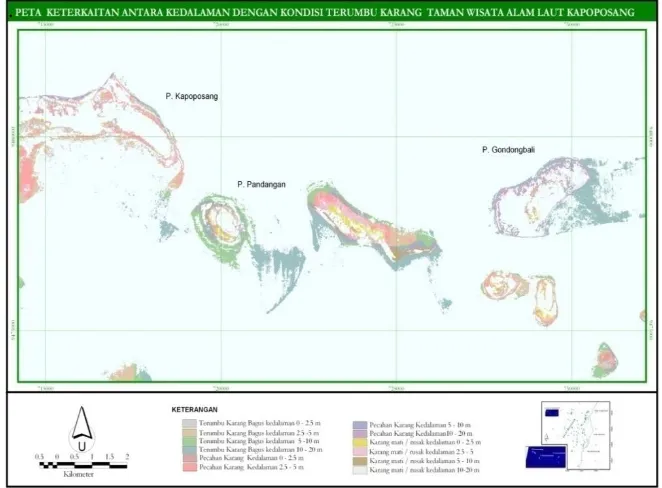 Gambar  9. Peta kedalaman versus kondisi terumbu karang di Taman Wisata Alam Laut Kapoposang Sulawesi Selatan (Faizal dan Jompa, 2010) 