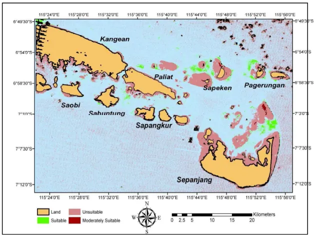 Gambar 4. Hasil Analisa Kesesuaian Perairan untuk Budidaya Kerang Mutiara di Kepulauan Kangean Madura (Hidayah, 2012) 