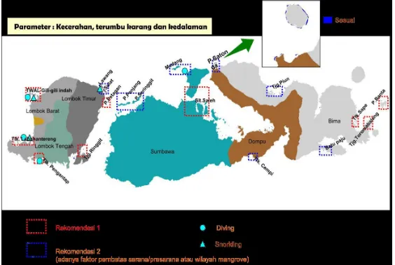 Gambar 6. Lokasi rekomendasi untuk pariwisata bahari di NTB berdasarkan data penginderaan jauh (Winarso, dkk, 2014) 