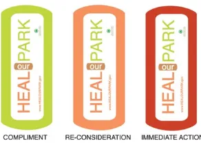 Figure 3: The ‘Heal Our Park’ badges for urban annotation. Concept by Nancy N. Brown.