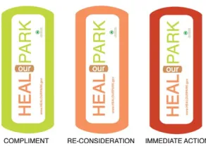 Figure 3: The ‘Heal Our Park’ badges for urban annotation. Concept by Nancy N. Brown.