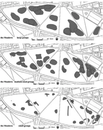 Figure 6: Large, medium and small groups involved in any active long-stay activity on all the days within the whole observation period in the Meadows, Edinburgh (Long-stay activity is any activity that was carried out for more than five minutes within a single ten-minute observation period).