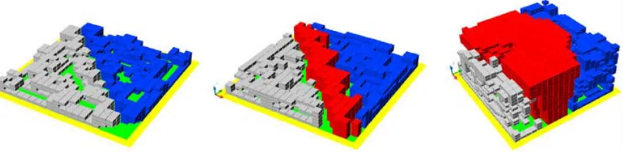 Figure 9 Furthermore, tree dimension cellular automata which can develop freely in the space and are only reduced by the streets and the cells to be kept free (red) can be constricted