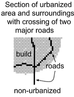 Figure 1.indicates transportation infrastructure, light grey indicates urbanized areas and white indicates non-urbanizedIllustration of the representation of two major intersecting urban roads on the 2-D lattice L