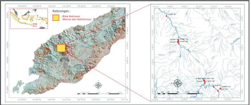 Gambar 3 Lokasi penelitian yang meliputi lintasan Sungai Tunsif dan Lapunuf, daerah Nenas dan sekitarnya 