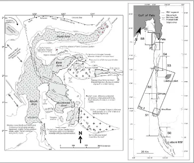 Gambar 3. Gambar kiri merupakan tataan tektonik Pulau Sulawesi (Hamilton, 1979), gambar kanan merupakan pembagian segmentasi Sesar Palu Koro (Bellier et al., 2001).