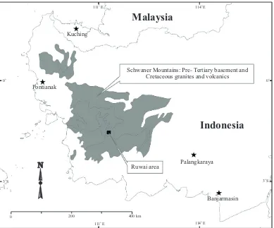 Figure 1. Location of Ruwai deposit within the Schwaner Mountains of SW Kalimantan.
