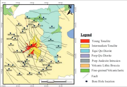 Figure 2. Geological map of Batu Hijau deposit. Circles show the bore hole location of skarn mineralization.