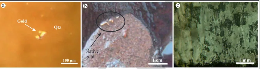 Figure 5. The carbonation-altered rock/quartz vein microphotographs: (a) Quartz (light) and graphite banding (brown) in IJOGparallel nicols, (b) Quartz (light) and graphite (dark) in crossed-nicols