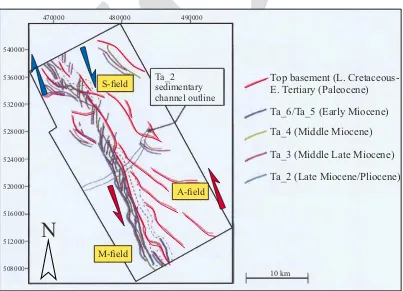 Figure 12. A composite fault map of the Tenggol Fault zone highlighting en echelon fault patterns (red coloured associated with left-lateral wrench slip) and along a narrow zone indicating right wrench-slip in Miocene beds