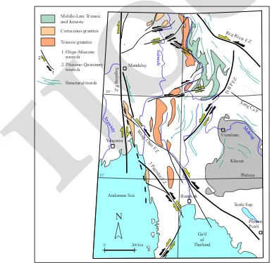 Figure 2. Major structures, especially fault zones in Indosinia. The geology is simplified from Lacassin et al