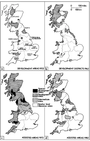 Figure 5.4 The pattern of regional development in Britain, 1945–82. (a) The original postwar schemeof closely deﬁned development areas was replaced in 1960 by (b) development districts based on acriterion of persistent unemployment, and then in 1966 by (c)
