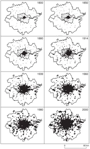 Figure 2.3 The growth of London, 1800–2000. Until 1850 London’s extent was constrained by walkingdistances