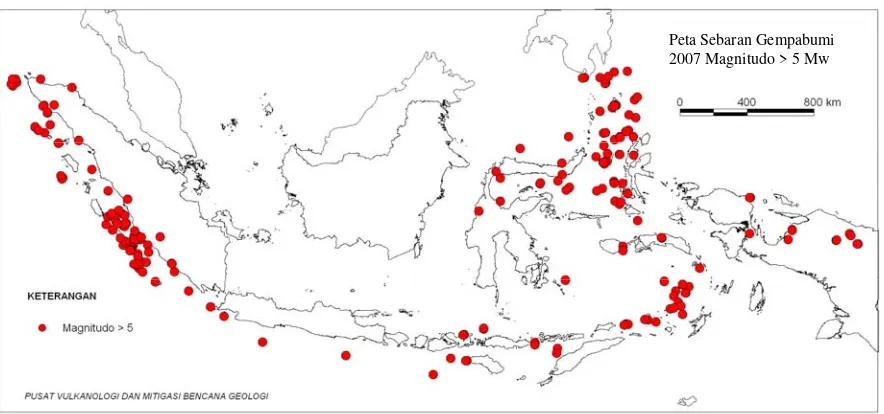 Gambar 1. Sebaran gempabumi magnitudo lebih dari 5 Mw tahun 2007 (sumber : USGS, 2007)