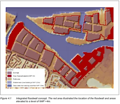 Figure 4.1 Integrated floodwall concept. The red area illustrated the location of the floodwall and areas