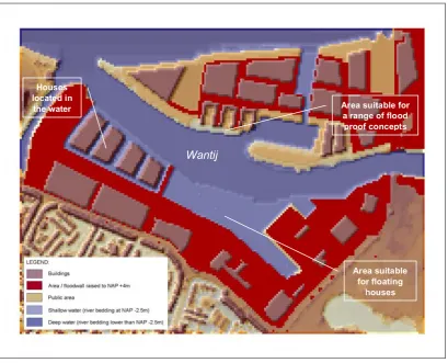 Figure 4.2 gives a 3-D impression of the Watersteps concept applied to Stadswerven.The red area illustrated area which is elevated to a safe level of NAP +4m