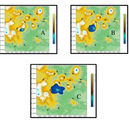 Gambar 4. Sebaran dan ketebalan abu vulkanik  setelah 1 jam (A), 3 jam (B), dan 5 jam (C) 