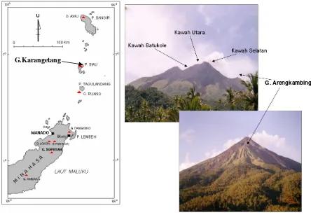 Gambar 1. Lokasi Gunungapi Karangetang diantara gunungapi Busur Sangihe – Talaud, dan morfologi G