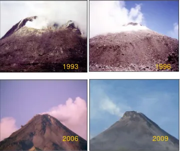 Gambar 4.  Type erupsi G. Karangetang (Juni 2006) dan salah satu rumah yang terrendam lahar pada erupsi 1995 (foto kanan).(Kristianto, 2006; SR.Wittiri, 1995) 