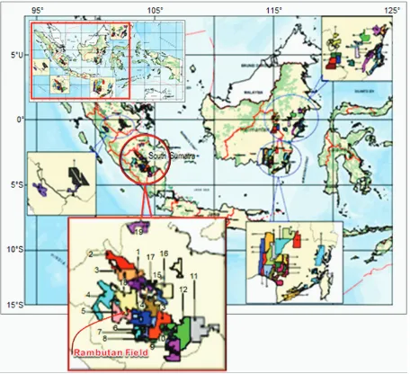 Figure 1. Map showing 54 CBM working areas in some prolific coal basins in Western Indonesia, 19 of them are in the South Sumatra Basin (modified from Sirait, 2013)