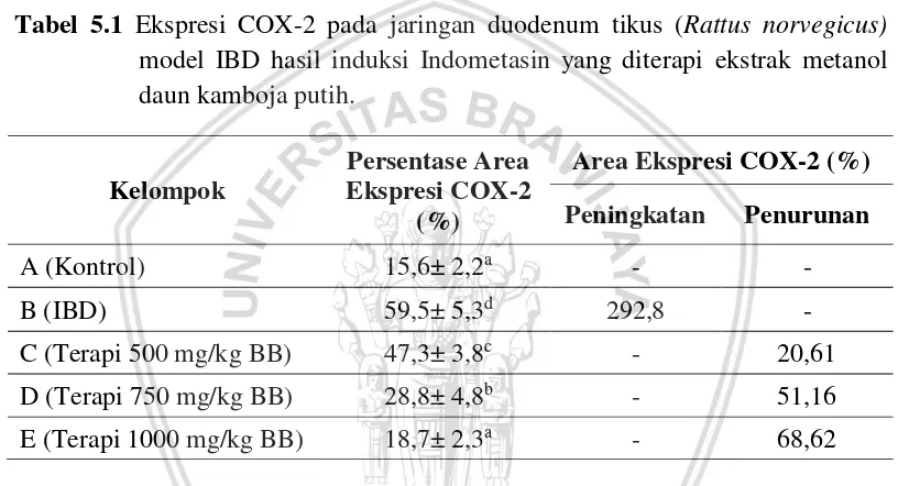 Tabel 5.1 Ekspresi COX-2 pada jaringan duodenum tikus (Rattus norvegicus) 