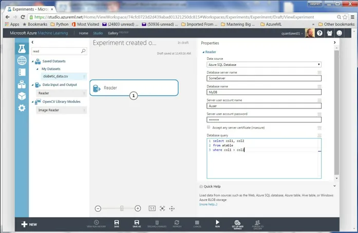 Figure 3. Configuring the Reader Module for an Azure SQL Query