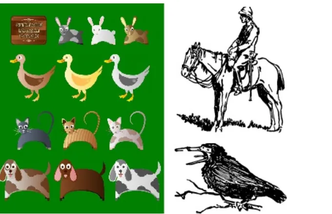 Figure 2-1. Samples from the Open Clip Art Library: on the left, Simple Farm Animals 2 by user Viscious Speed; on the right,line drawings from Sir Robert Baden-Powell’s 1922 book An Old Wolf’s Favourites, converted to SVG by user JohnnyAutomatic