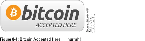 Figure 8-1:  Bitcoin Accepted Here . . . hurrah!