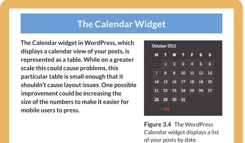 Figure 3.4  The WordPress  Calendar widget displays a list  of your posts by date.