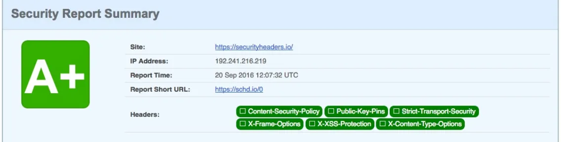 Figure 4-4. Security header results for securityheaders.io