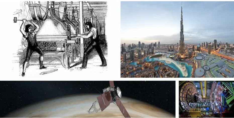 Figure 11-1. Clockwise from top left: the Luddite rebellion, the Burj al Khalifa in Dubai, the CompactMuon Solenoid at CERN, and Nasa’s Juno probe