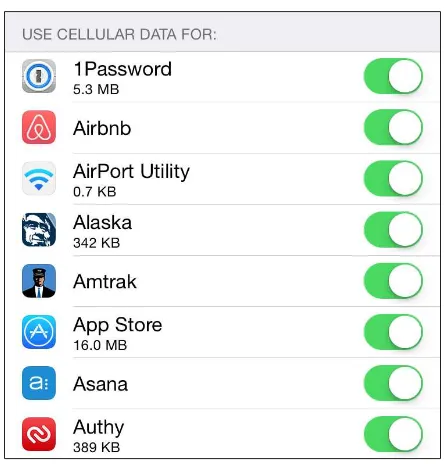 Figure 29: Opt out of cell data for certain iPhone apps.