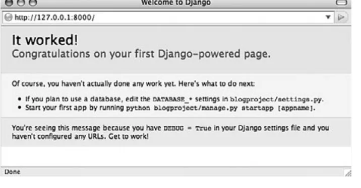 Figure 2.2 Django’s initial It worked! screen