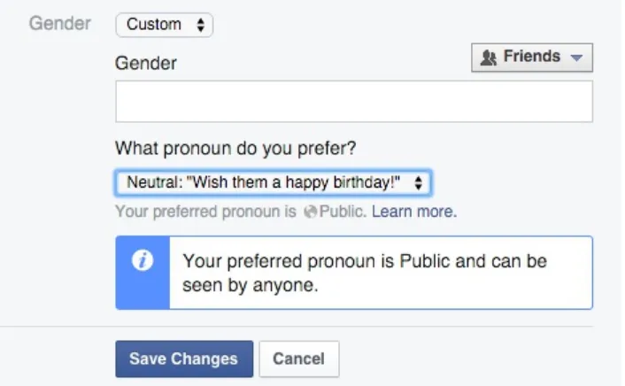 Figure 4-8. Facebook allows a user to select a custom gender, offers autocomplete gender suggestions, and provides a choiceof pronouns