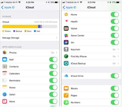 Figure 5: Turn each iCloud service on or off here (top shown on left;           next portion on right)