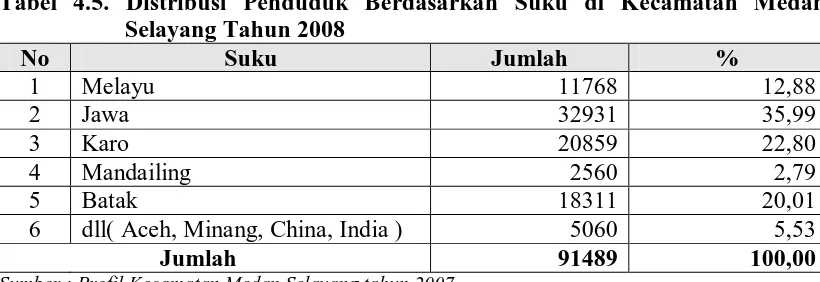 Tabel 4.4. Distribusi Penduduk Berdasarkan Agama di Kecamatan Medan           Selayang Tahun 2008 